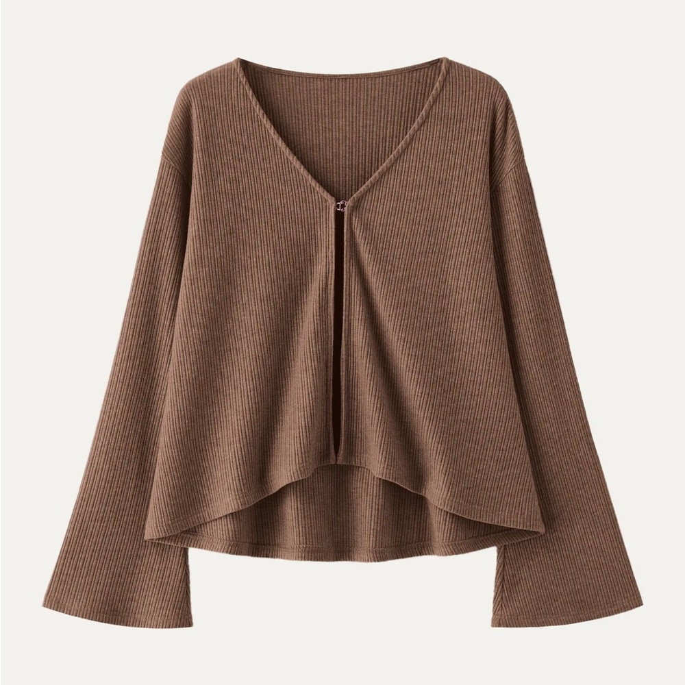 NWT OGL Brown V Neck Flare Long Sleeve Cardigan with Front Hook Closure, Large